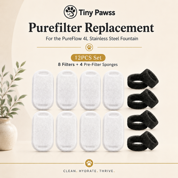 Tiny Pawsss Purefilter Replacement set for PureFlow 4L Stainless Steel Fountain on a beige background.