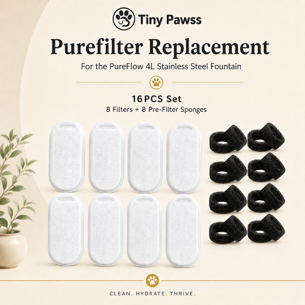 Tiny Pawsss Purefilter Replacement set for PureFlow 4L Stainless Steel Fountain on a beige background