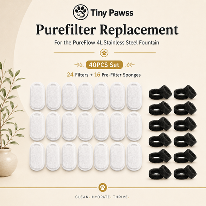 40-piece set of Tiny Pawsss Purefilter Replacement for PureFlow 4L Stainless Steel Fountain on a beige background.