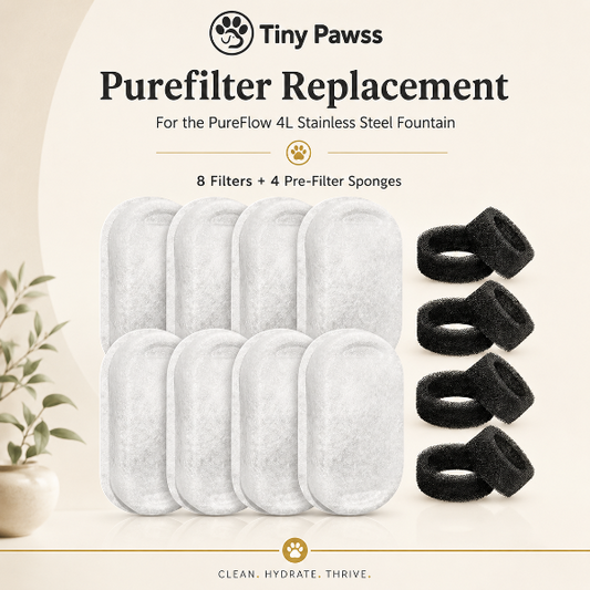 Tiny Paws Purefilter Replacement set for PureFlow 4L Stainless Steel Fountain on a neutral background