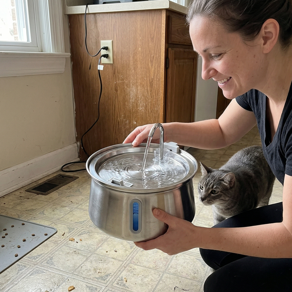 Woman holding a stainless steel water bowl with a cat inside, in a kitchen setting.