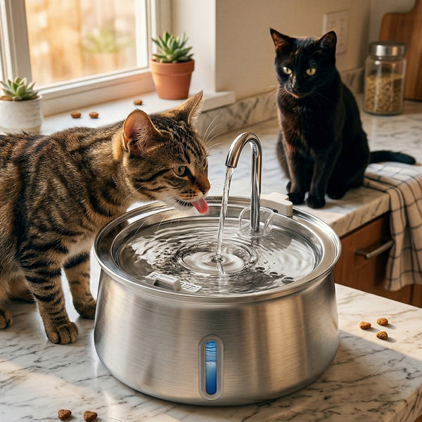 Two cats drinking water from a stainless steel fountain on a kitchen counter.