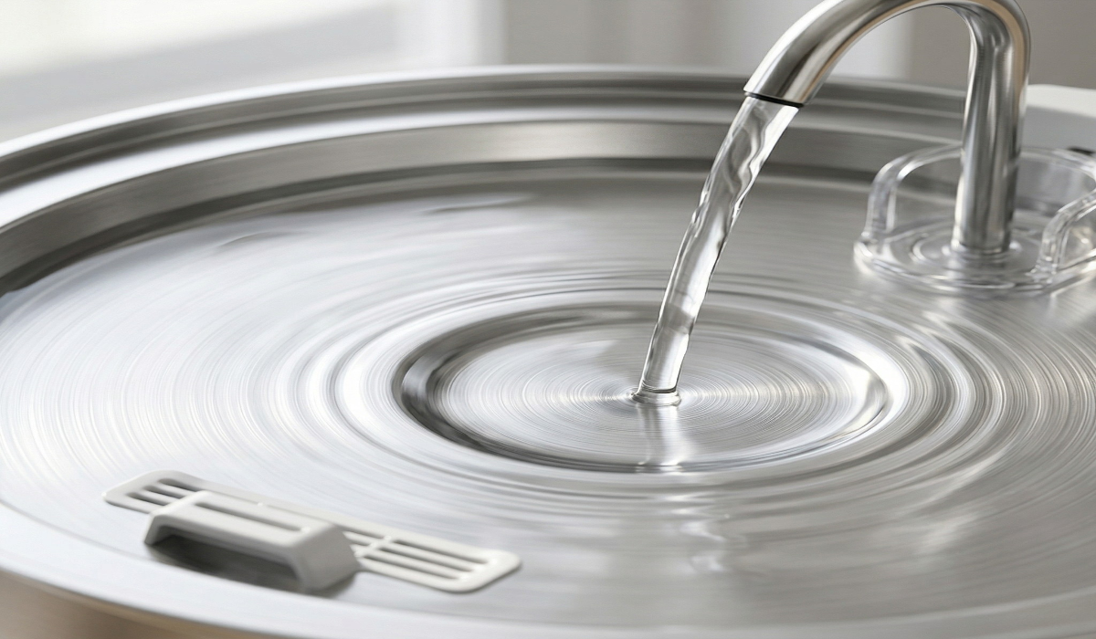 After: clean stainless steel fountain with fresh filtered water