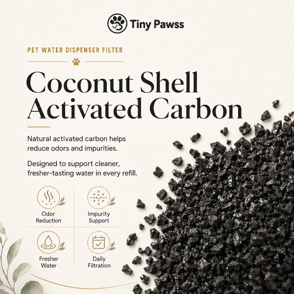 Pet water dispenser filter with coconut shell activated carbon, featuring Tiny Paws branding.