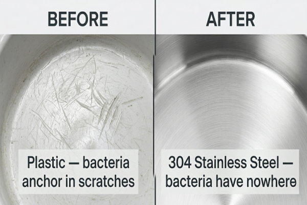 Comparison of a plastic surface with bacteria anchor in scratches and a 304 stainless steel surface with clean, bacteria-free condition.