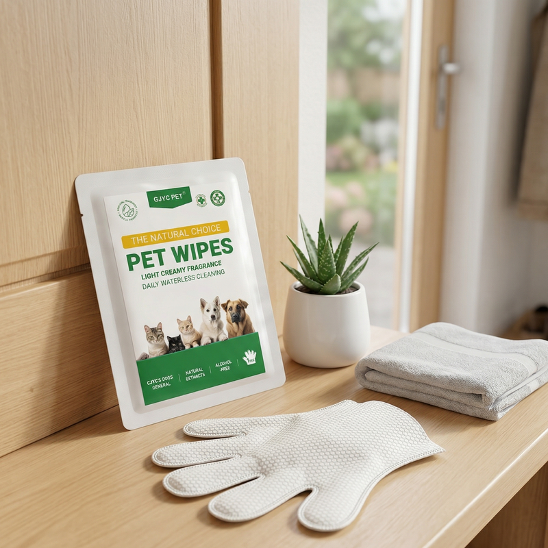 Pack of pet wipes with a glove and towel on a wooden surface.