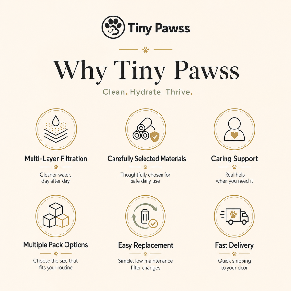 Promotional graphic for Tiny Pawsss with icons and text about product features.