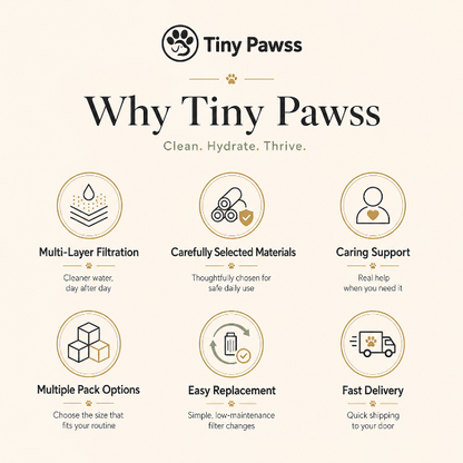 Promotional graphic for Tiny Pawsss with icons and text about product features.