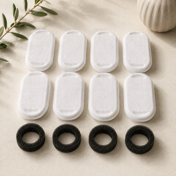 Set of white oval filters and black circular filters on a beige surface with greenery.