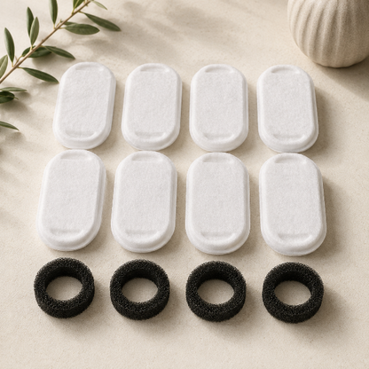 Set of white oval filters and black circular filters on a beige surface with greenery.