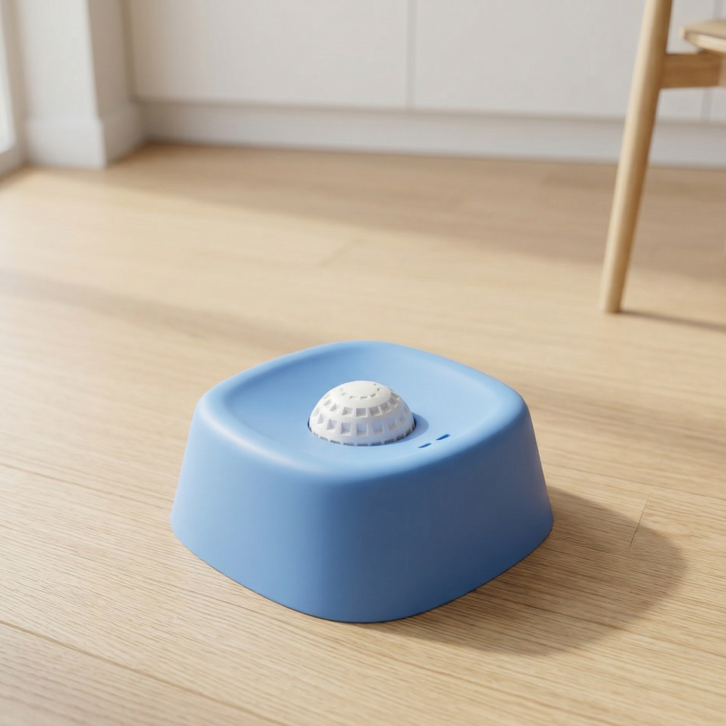 Blue pet water fountain on a wooden floor with a white wall and chair in the background